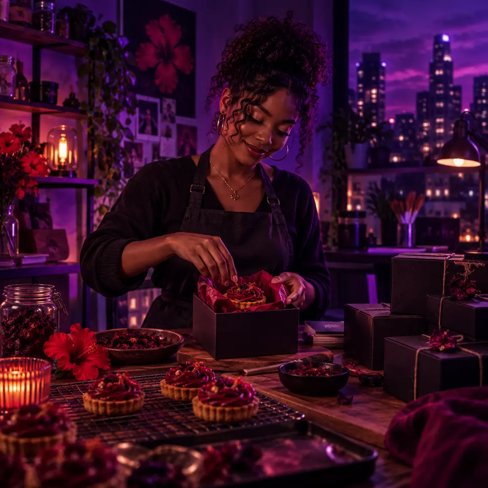 Créatrice indépendante préparant des pâtisseries à l’hibiscus dans son atelier maison