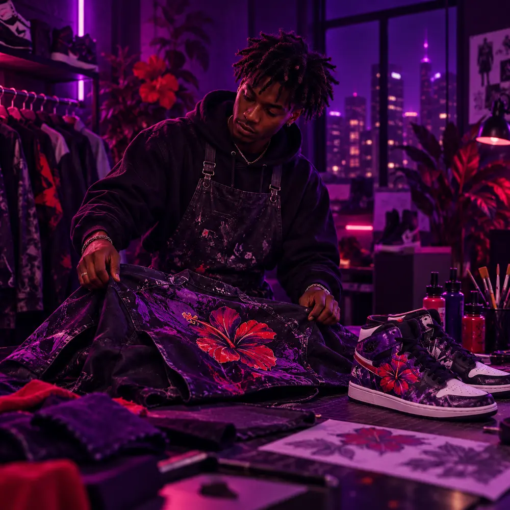 Créateur streetwear personnalisant une veste et des sneakers dans son atelier