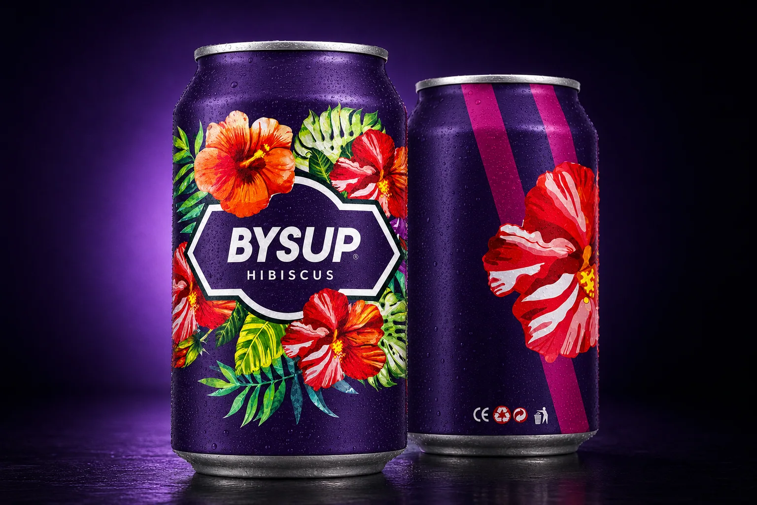 Rendu 3D des faces avant et arrière de la canette BYSUP Hibiscus