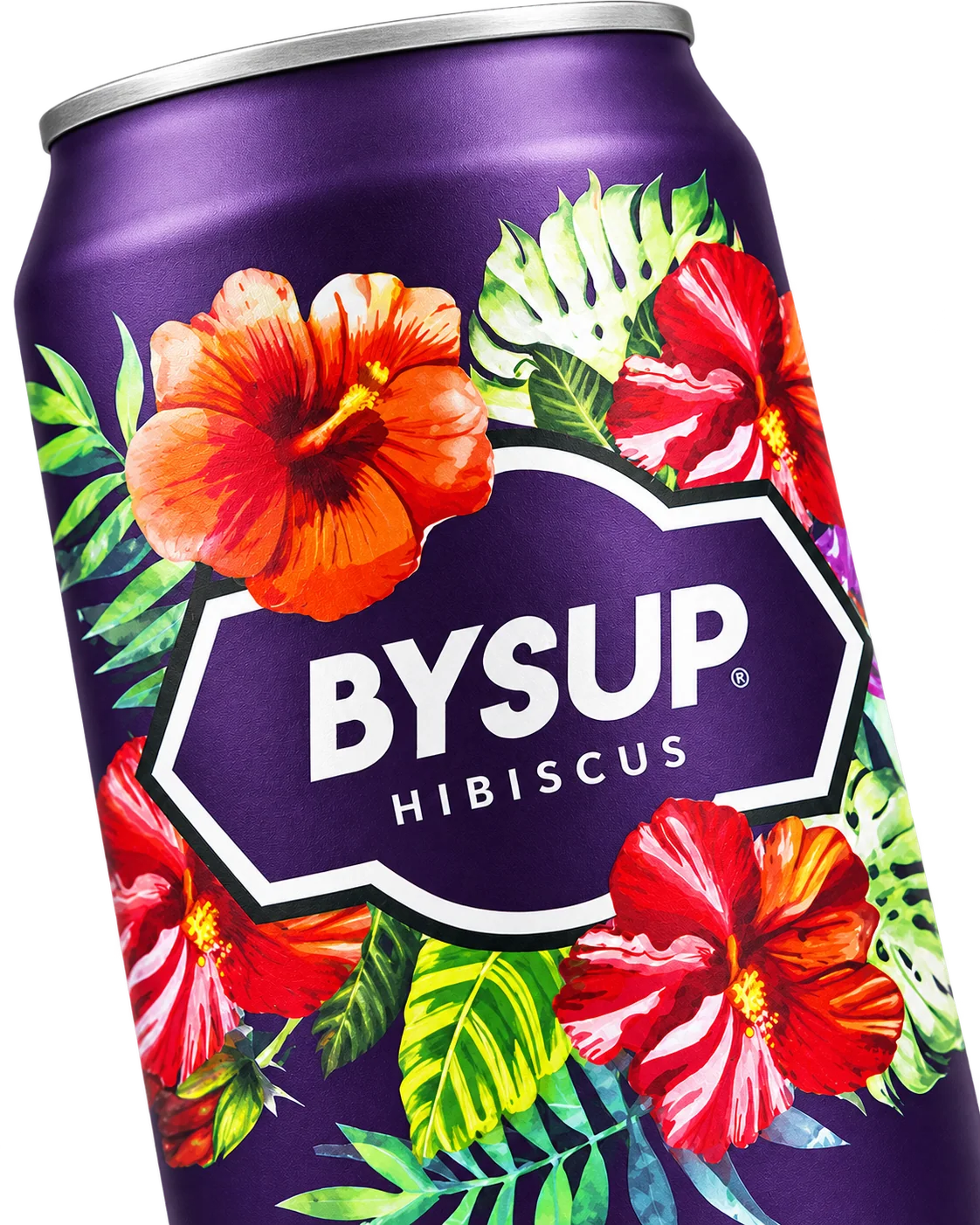Gros plan du packaging BYSUP : hibiscus, feuillage tropical et cartouche logo