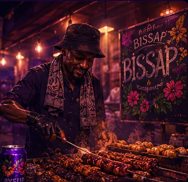 Comptoir de street food urbain, cuisine ouverte et clients attablés