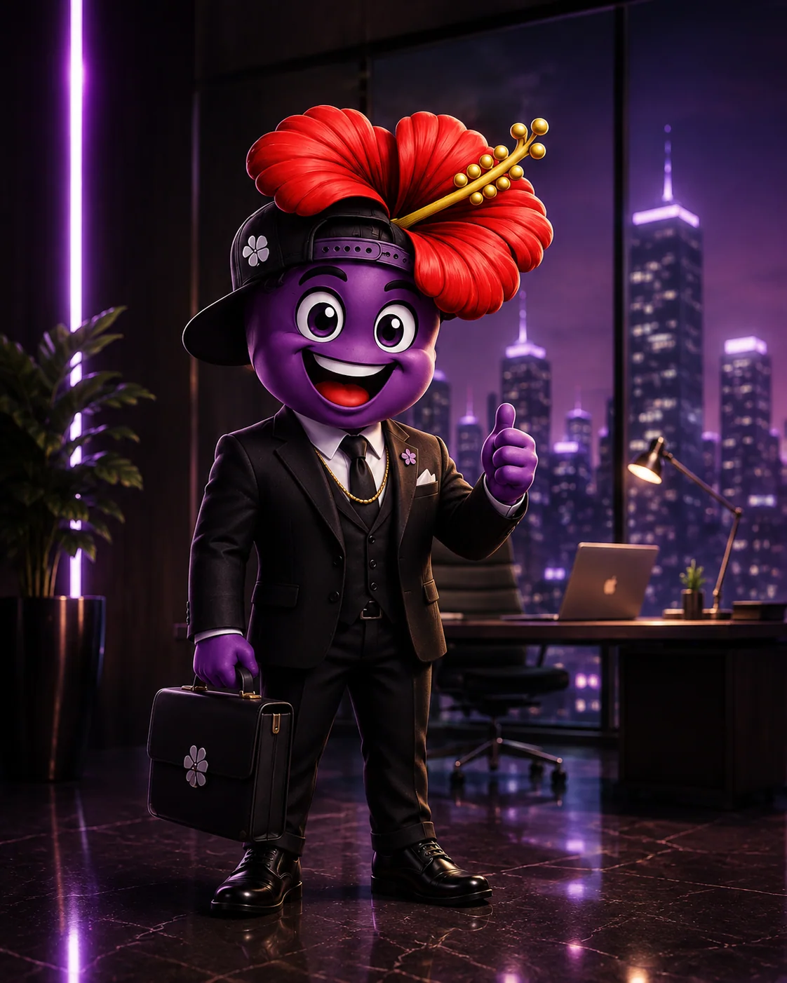 Mascotte BYSUP en costume, attaché-case en main