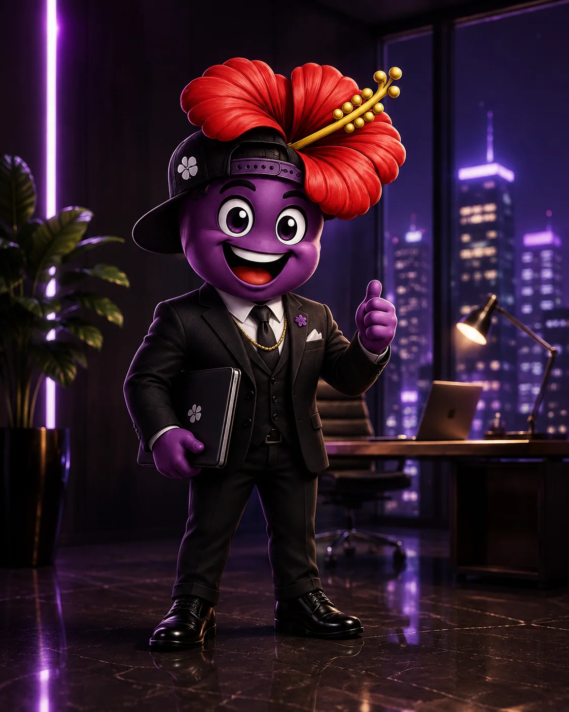 Mascotte BYSUP au travail, ordinateur sous le bras