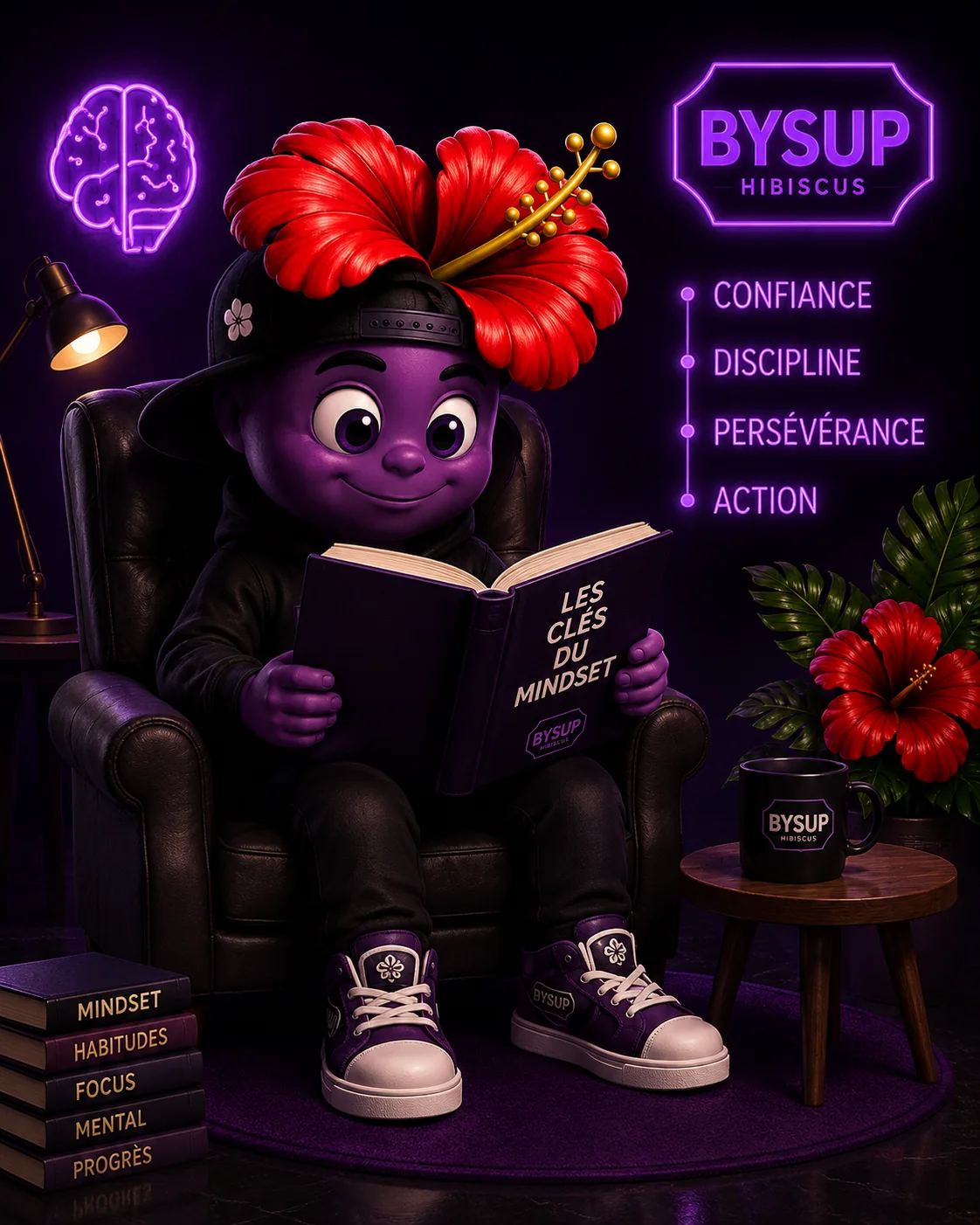 Mascotte BYSUP assise dans un fauteuil, lisant Les Clés du Mindset