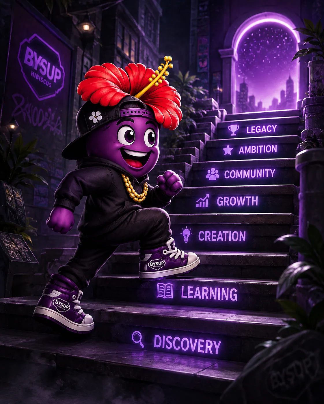 Mascotte BYSUP montant un escalier dont chaque marche est une étape