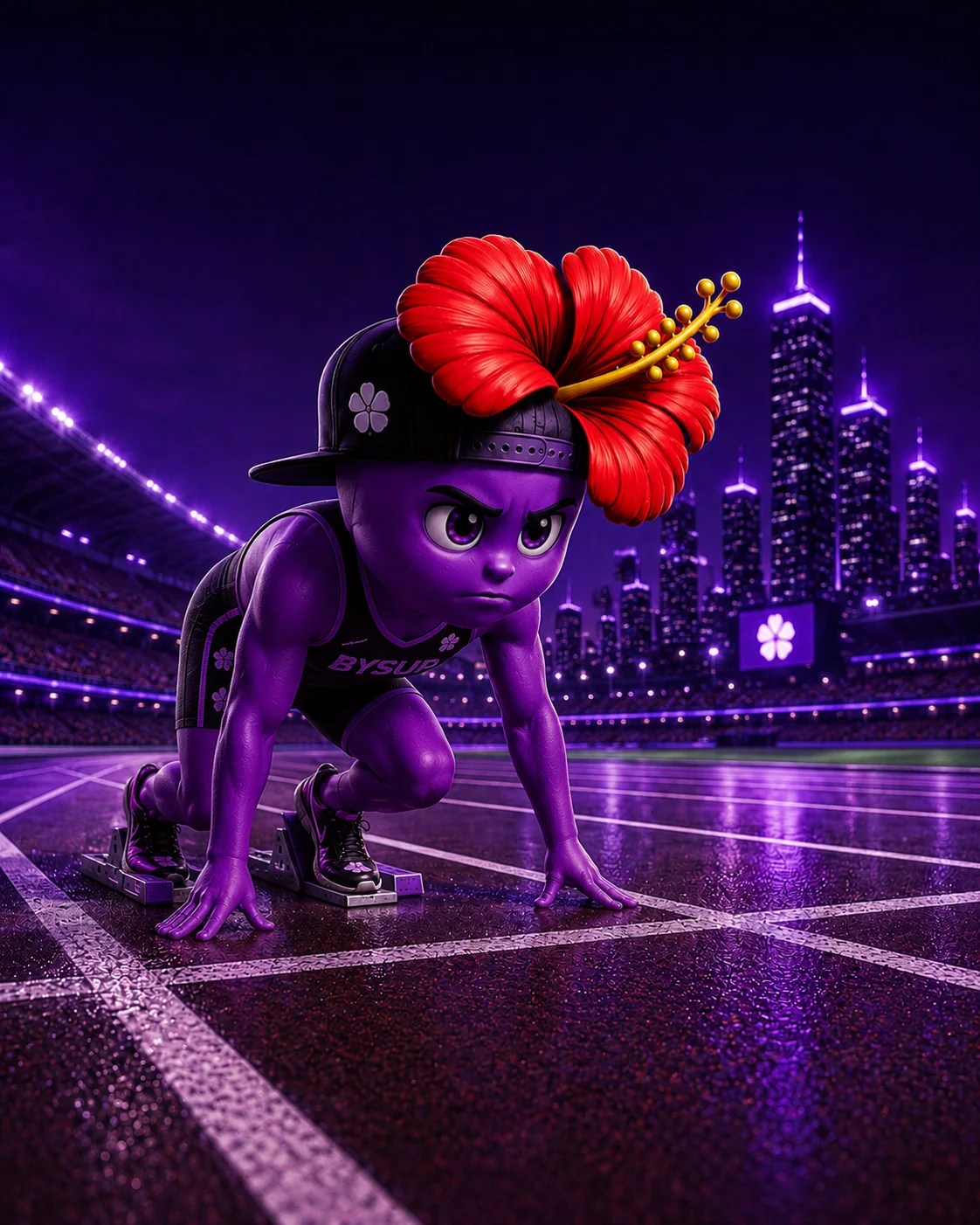 Mascotte BYSUP en tenue d'athlète, concentrée dans les starting-blocks sur une piste