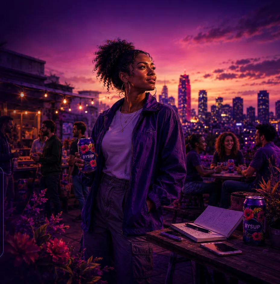 Portrait BYSUP Rise entrepreneuriat — rooftop au coucher du soleil