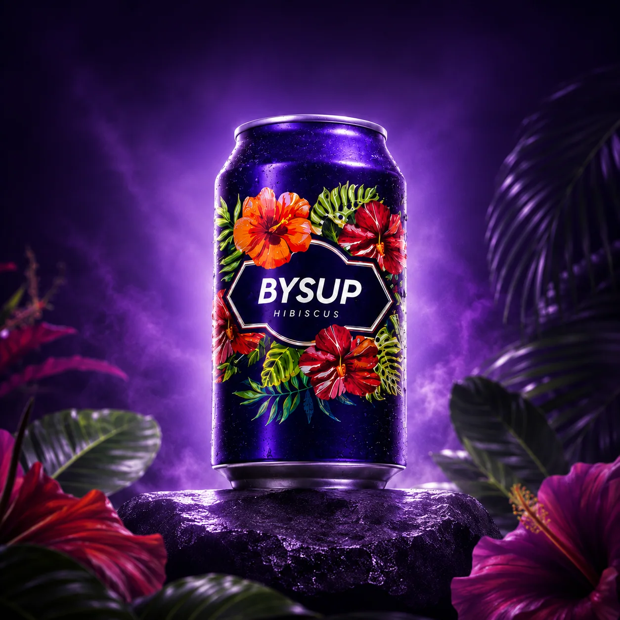 Canette BYSUP Hibiscus posée sur une pierre, halo violet et feuillage tropical