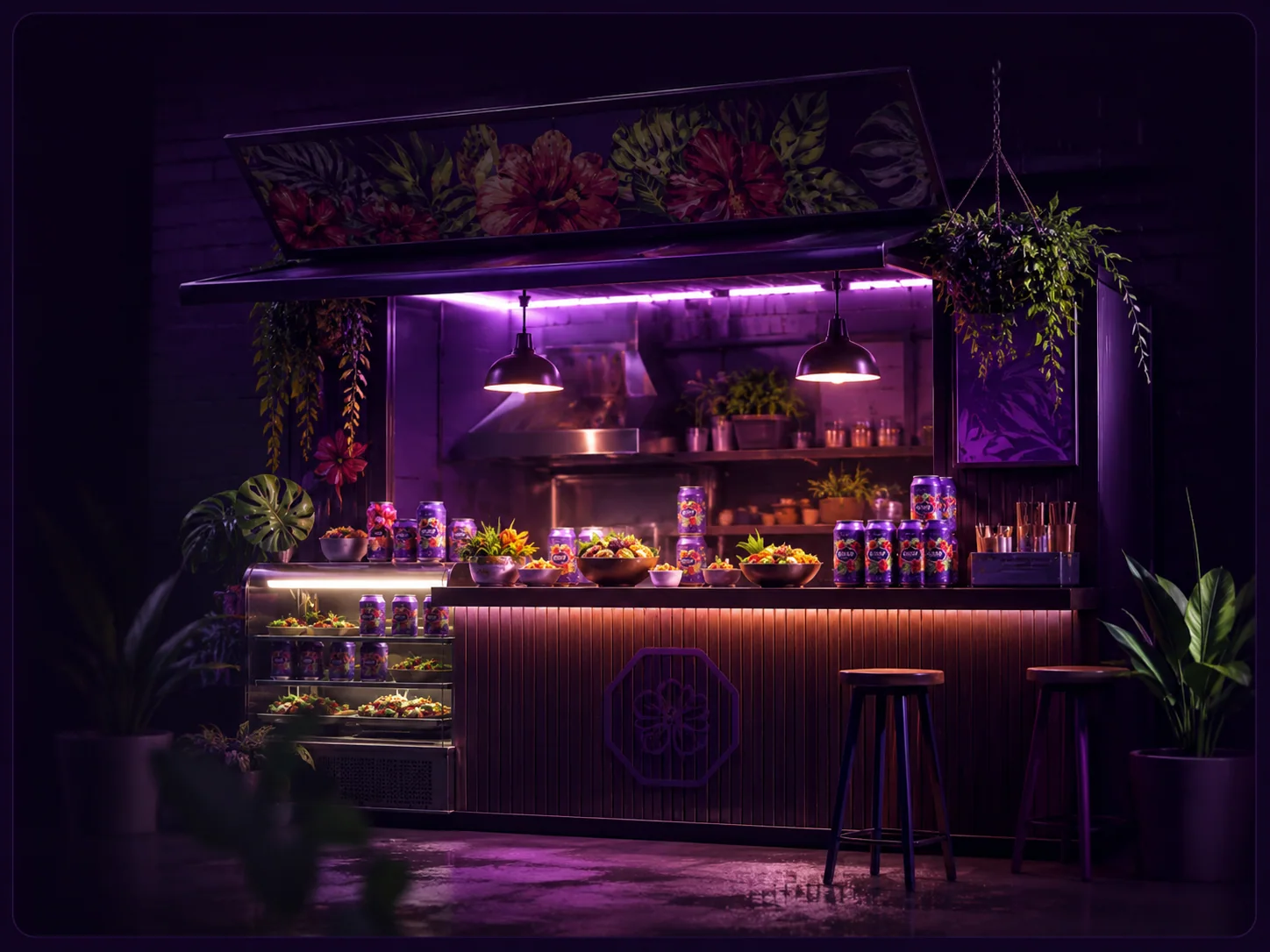 Comptoir street food premium à l'identité florale, lumière violette et canettes BYSUP en présentation
