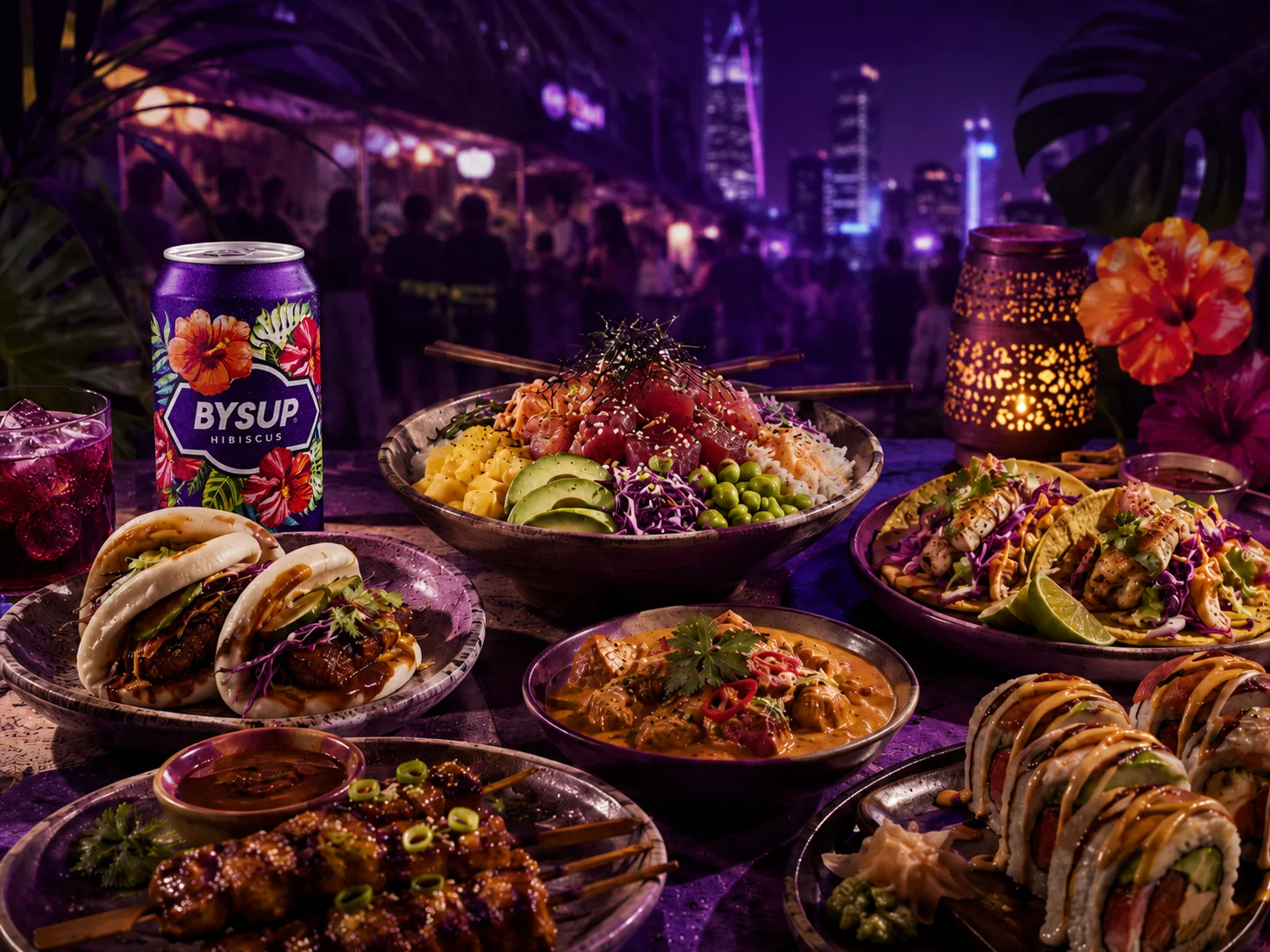 Grande table fusion : bao, poke, tacos, curry, brochettes et sushis, avec une canette BYSUP