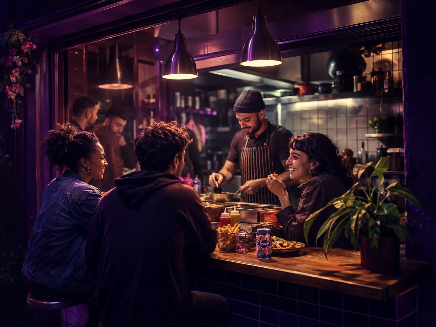 Comptoir de snack de quartier la nuit : des clients attablés, le cuisinier derrière le passe, une canette BYSUP sur le comptoir