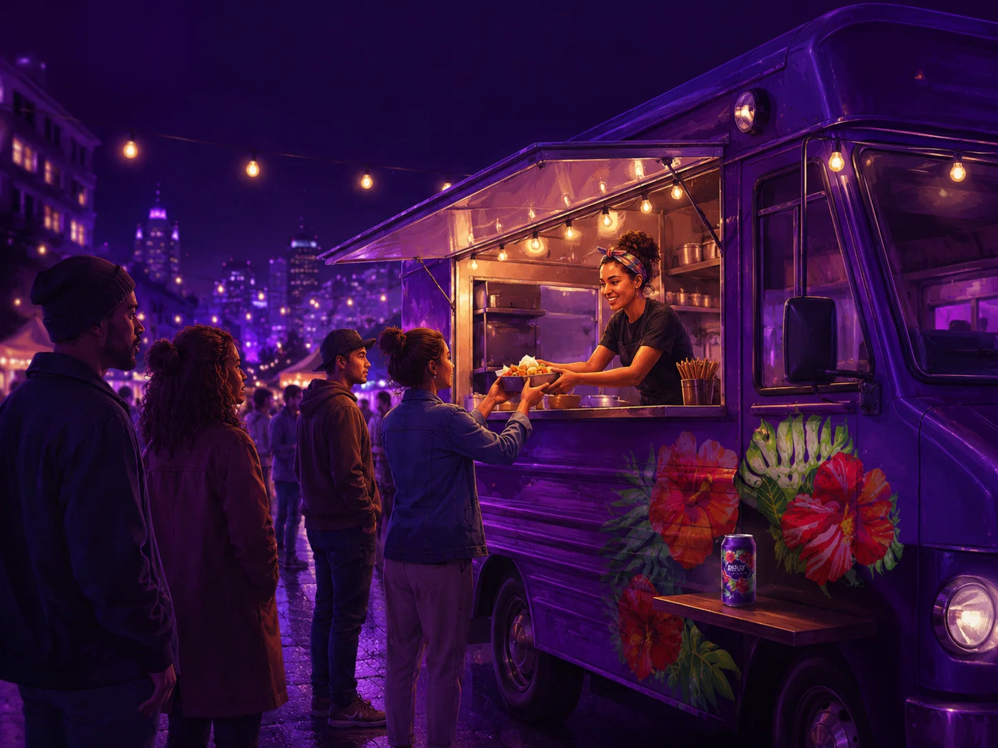 Food truck violet en soirée : file d'attente et service depuis le camion, une canette BYSUP posée sur la tablette