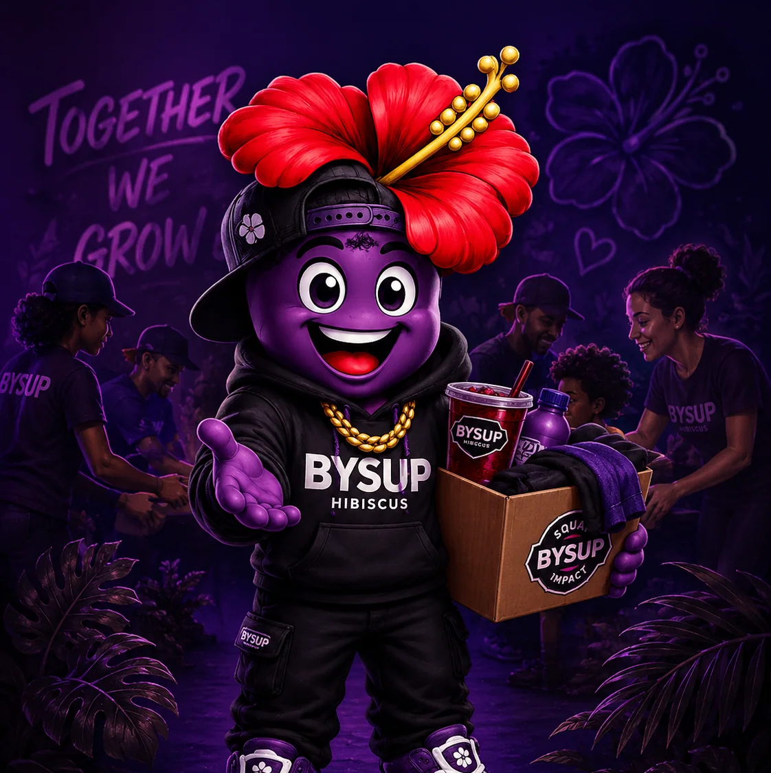 Mascotte BYSUP, main tendue vers le visiteur
