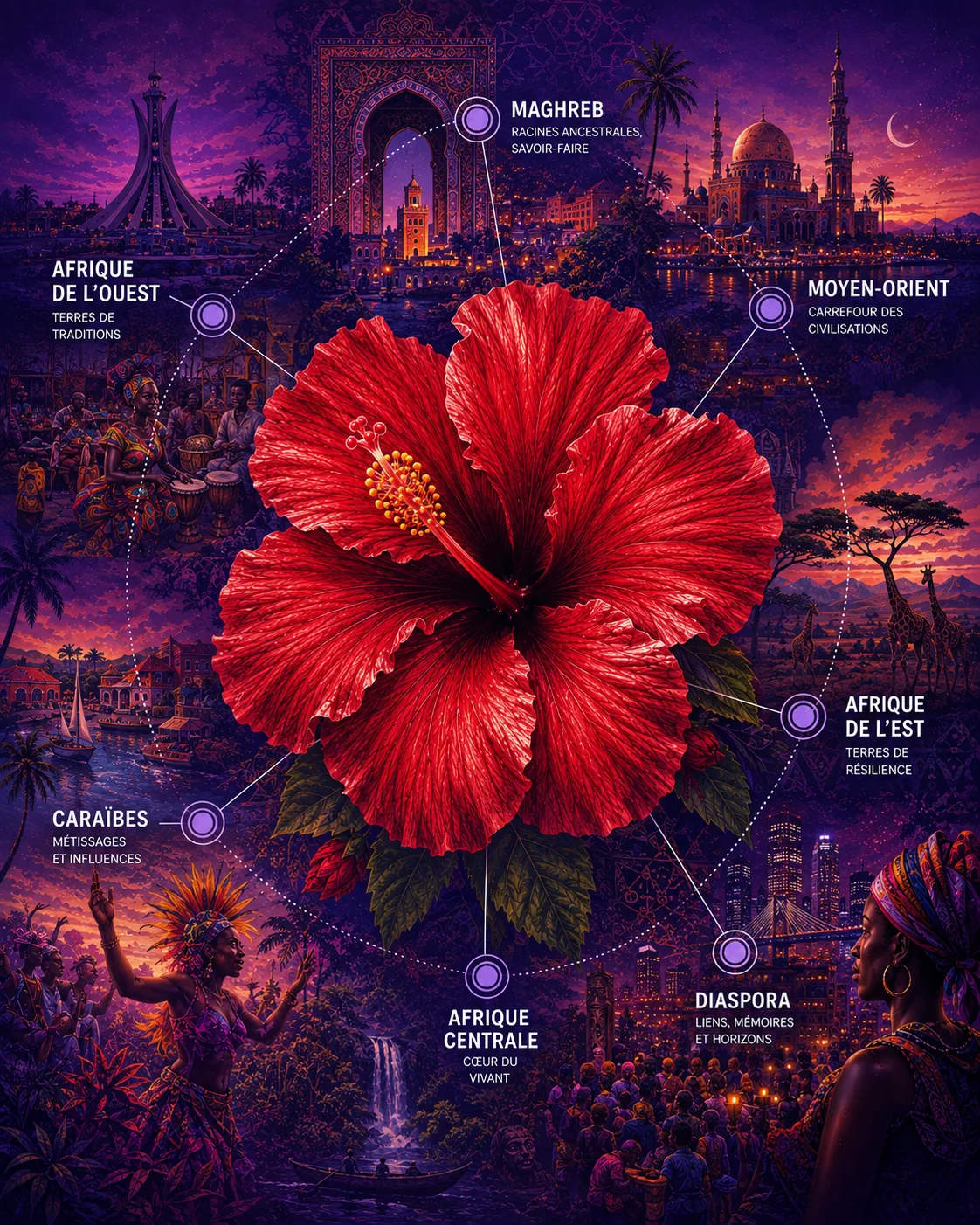 Fleur d'hibiscus rouge reliée à l'Afrique de l'Ouest, au Maghreb, au Moyen-Orient, aux Caraïbes, à l'Afrique centrale et de l'Est et aux diasporas