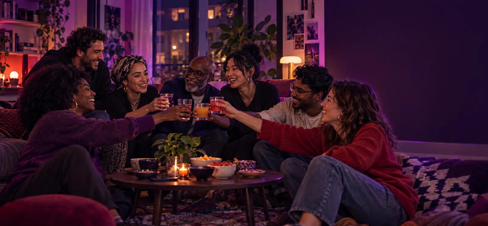 Groupe d’amis multiculturel partageant un moment chaleureux autour d’une table dans un appartement urbain